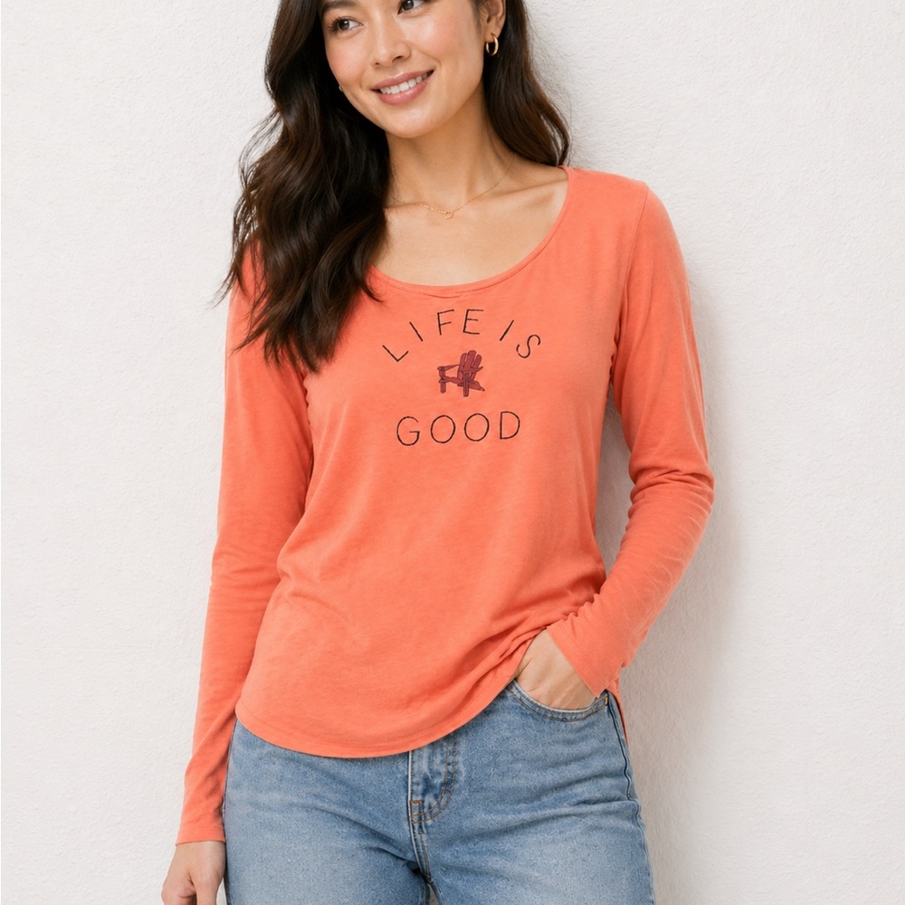 Life Is Good Women's Long Sleeve Scoop Neck Tee - Coral Orange M